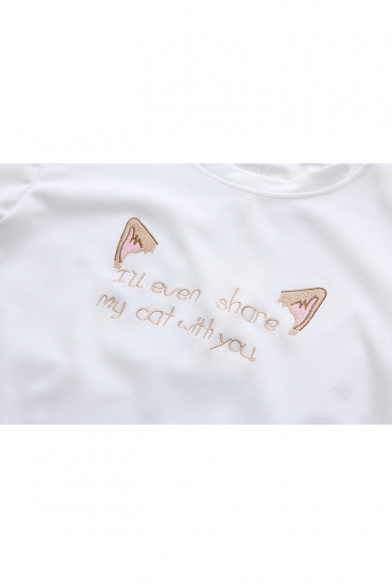 Letter Cat's Ears Embroidered Round Neck Short Sleeve Tee