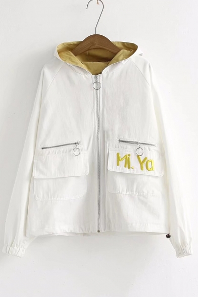 Letter Embroidered Double Pockets Front Long Sleeve Zip Up Hooded Jacket