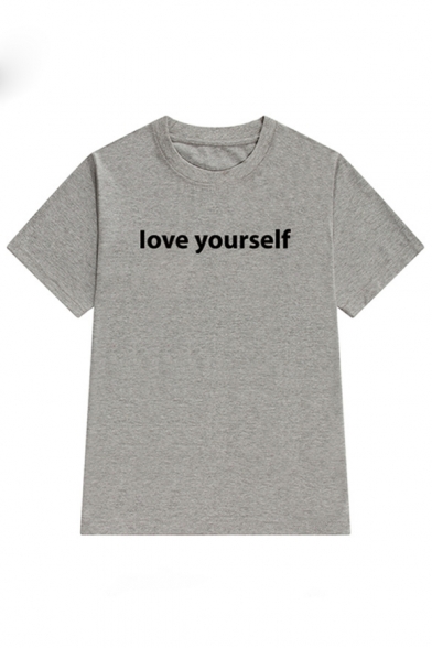 LOVE YOURSELF Letter Printed Round Neck Short Sleeve T-Shirt