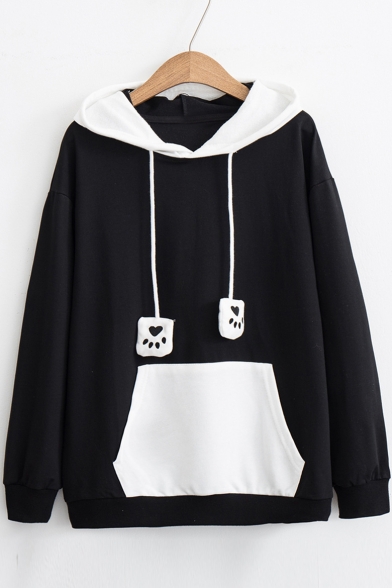 Lovely Cat Pattern Paw Embroidered Drawstring Contrast Hood Long Sleeve Hoodie