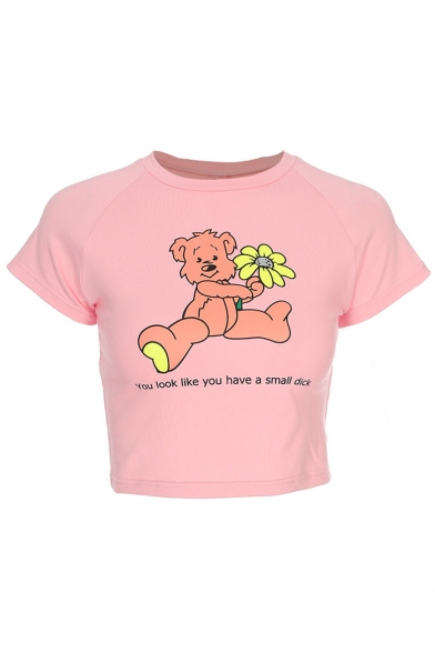 Lovely Floral Bear Letter Printed Round Neck Short Sleeve Crop Tee