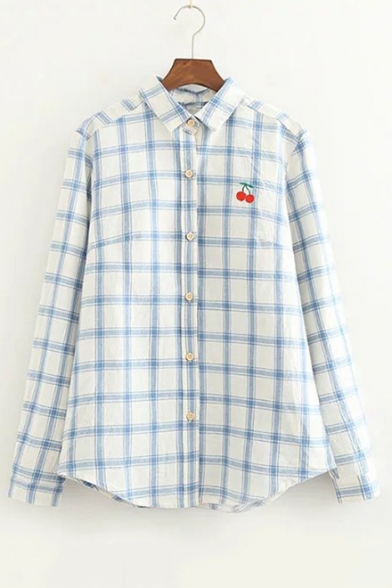 Plaid Printed Cherry Embroidered Button Front Long Sleeve Shirt