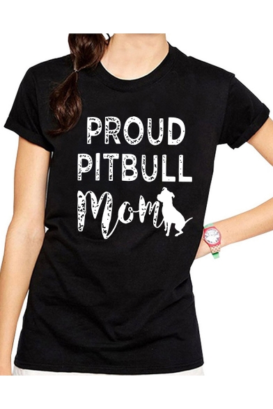 PROUD Letter Dog Printed Round Neck Short Sleeve Tee