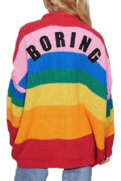 Rainbow Color Block BORING Letter Embroidered Back Collarless Long Sleeve Cardigan