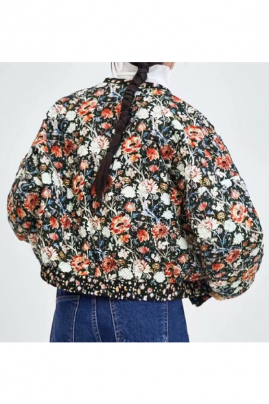 Stand Up Collar Floral Printed Long Sleeve Zip Up Padded Jacket