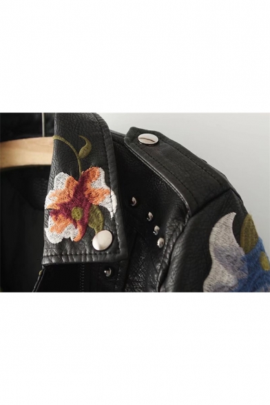 Stud Embellished Floral Embroidered Notched Lapel Collar Long Sleeve Zip Up PU Jacket