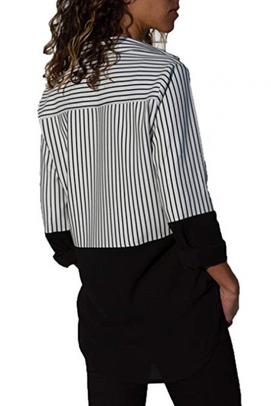 Button Front Lapel Collar Long Sleeve Color Block Contrast Striped Leisure Shirt