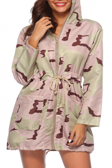 Camouflage Printed Long Sleeve Drawstring Waist Zip Up Tunic Hooded Coat