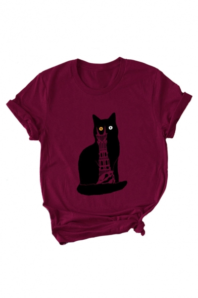 Cartoon Cat Building Printed Round Neck Short Sleeve T-Shirt