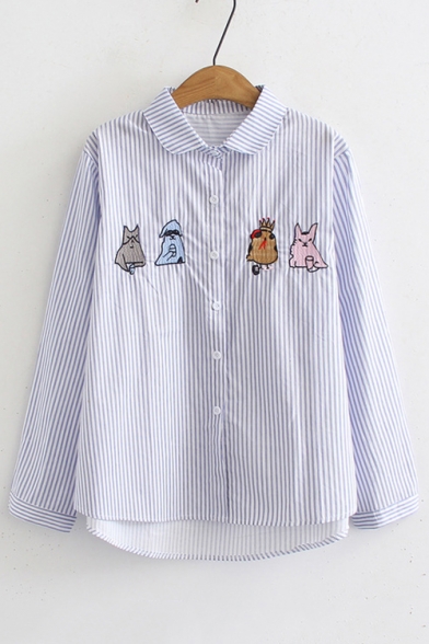 Cartoon Embroidered Striped Printed Long Sleeve Lapel Collar Button Front Shirt