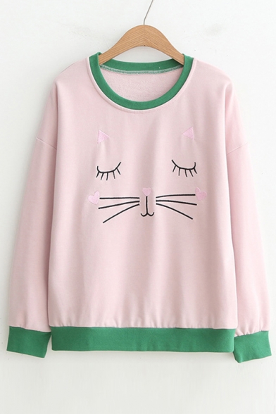 Cat Heart Embroidered Contrast Trim Round Neck Long Sleeve Sweatshirt