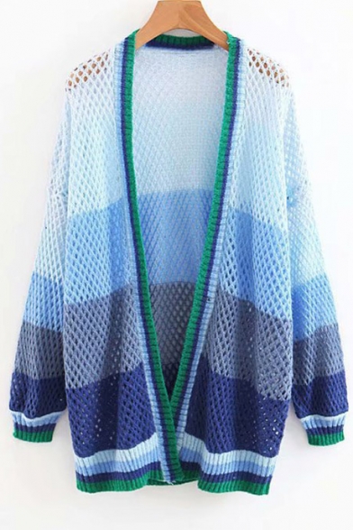 Collarless Color Block Long Sleeve Open Front Tunic Mesh Cardigan