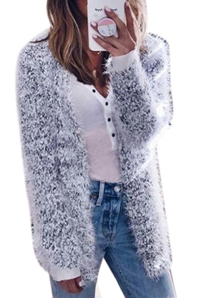 Collarless Plain Long Sleeve Tunic Faux Fur Coat