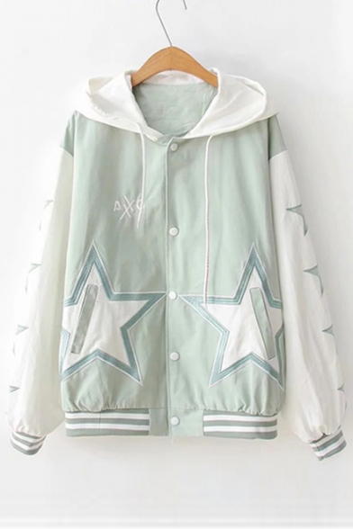 Color Block Star Pattern Embroidered Long Sleeve Button Closure Hooded Jacket