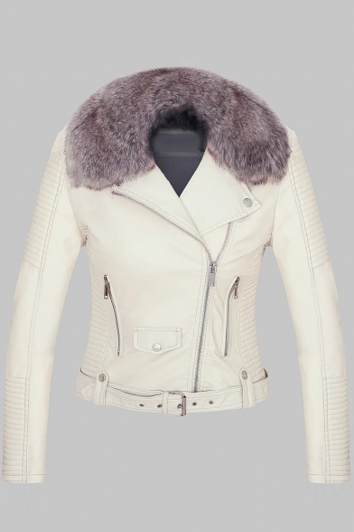 Faux Fur Collar Long Sleeve Zip Up Plain Crop PU Jacket