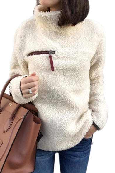 Faux Fur Plain Long Sleeve High Neck Zipper Embellished Sweater