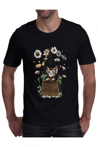 

Floral Cat Printed Round Neck Short Sleeve Leisure T-Shirt, LC481759