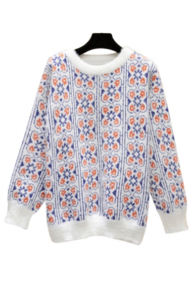 Floral Printed Mohair Round Neck Long Sleeve Sweater