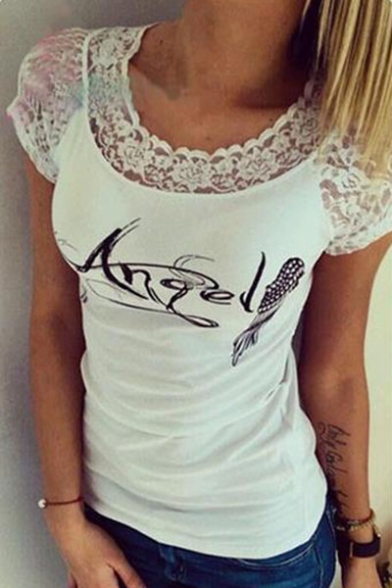 Lace Insert Wing Letter Printed Hollow Out Back Short Sleeve Round Neck Tee