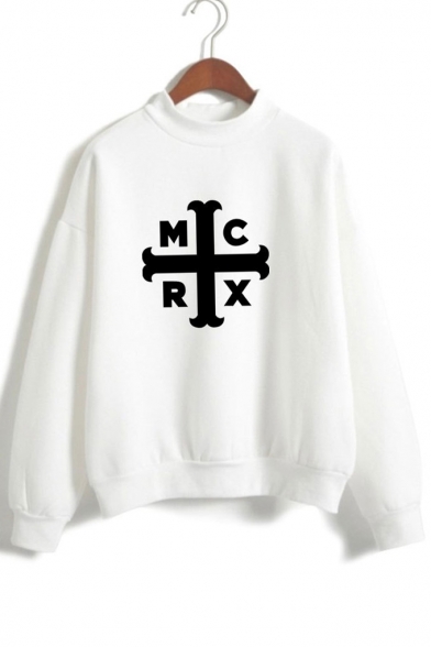 Letter Cross Printed Mock Neck Long Sleeve Sweatshirt