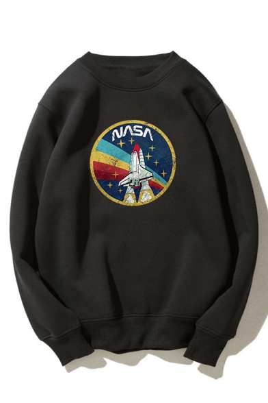 Cool Rocket Letter Nasa Pattern Crew Neck Long Sleeve Relaxed Fitted Graphic Pullover Sweatshirt