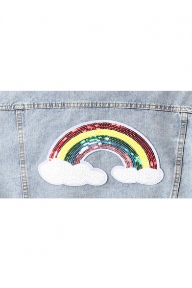 Sequined Rainbow Applique Button Front Lapel Collar Long Sleeve Denim Jacket