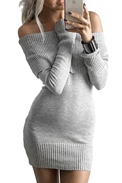 Sexy Plain Off The Shoulder Long Sleeve Mini Bodycon Knit Dress