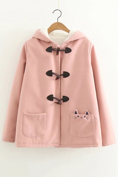 Toggle Button Front Long Sleeve Cat Pattern Hooded Coat