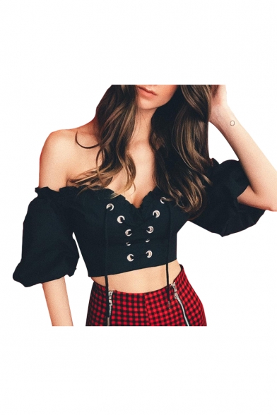 Vintage Lace Up Front Short Sleeve Sexy Off The Shoulder Crop Tee