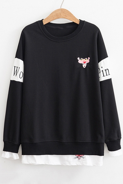 Cartoon Animal Embroidered Color Block Letter Printed Long Sleeve Fake Two Pieces Panel Hem Sweatshirt