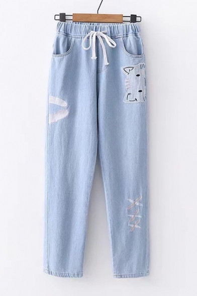 Cat Cross Embroidered Drawstring Waist Slim Straight Jeans