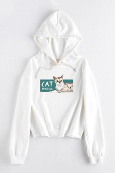 CAT Letter Animal Printed Long Sleeve Casual Hoodie