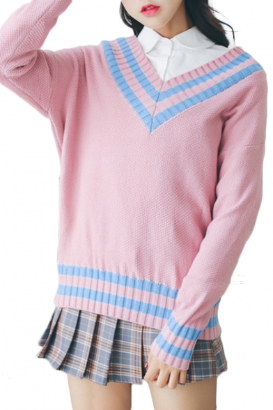 Chic Contrast Striped V Neck Long Sleeve Leisure Sweater