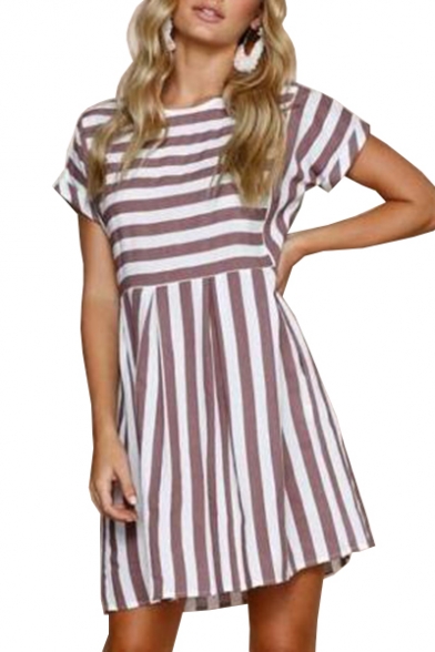 Chic Round Neck Striped Printed Short Sleeve Hollow Out Back Mini A-Line Dress