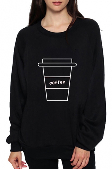 COFFEE Letter Cup Printed Round Neck Long Sleeve Leisure Sweatshirt