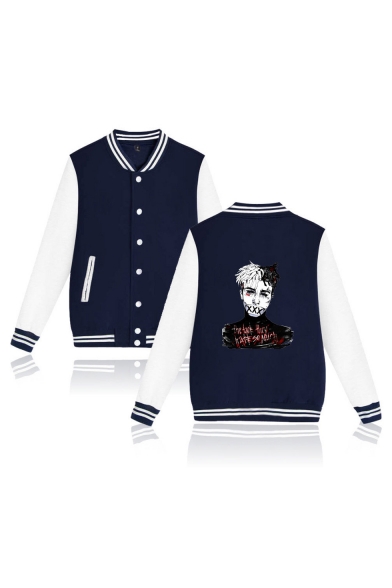 Contrast Striped Color Block Character Printed Stand Up Collar Button Down Baseball Jacket