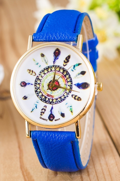 Feather Pattern Leather Band Quartz Leisure Watch