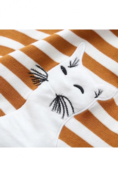 Fish Bone Cat Embroidered Striped Pattern Round Neck Long Sleeve Sweater