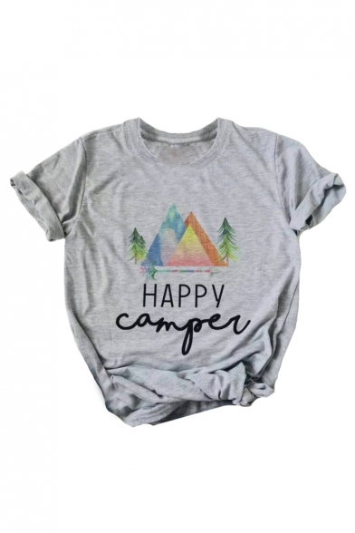 HAPPY Letter Pyramid Printed Round Neck Short Sleeve Tee