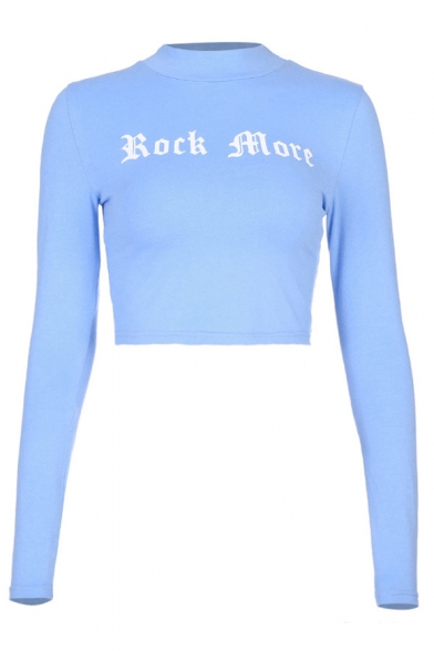 High Neck Long Sleeve Letter Printed Crop T-Shirt