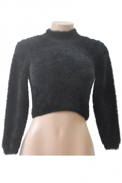 High Neck Long Sleeve Plain Crop Faux Fur Sweater