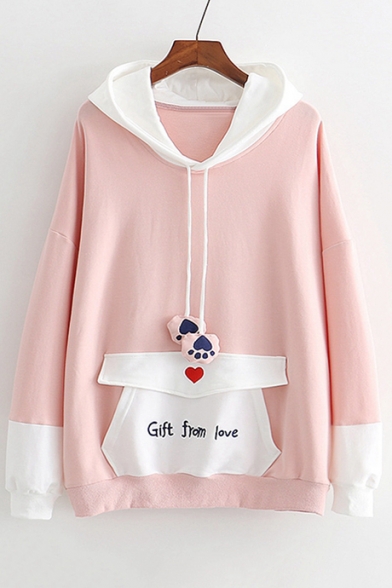 Letter Heart Embroidered Pocket Color Block Long Sleeve Hoodie