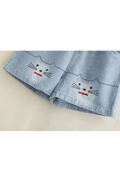 Loose Cat Embroidered Drawstring Waist Leisure Summer Denim Shorts