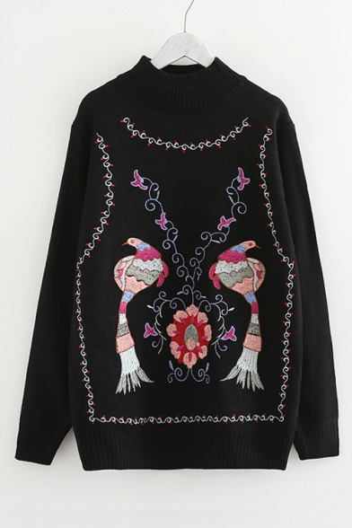 Mock Neck long Sleeve Bird Floral Embroidered Sweater