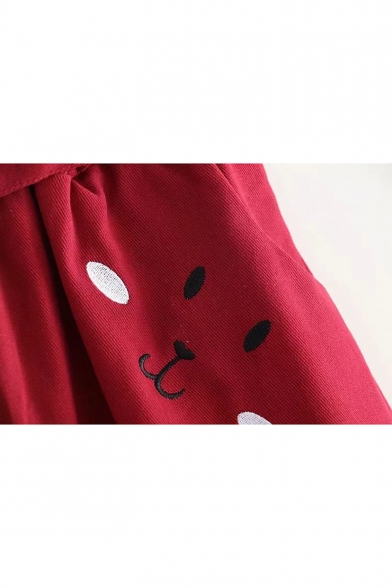 Pleated Detail Hem Cat Embroidered Elastic Waist Mini A-Line Skirt with Belt