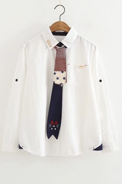 Star Printed Cat Embroidered Tie Front Lapel Collar Long Sleeve Button Front Shirt