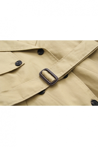Trendy Plain Notched Lapel Collar Long Sleeve Self Tie Waist Tunic Dust Coat