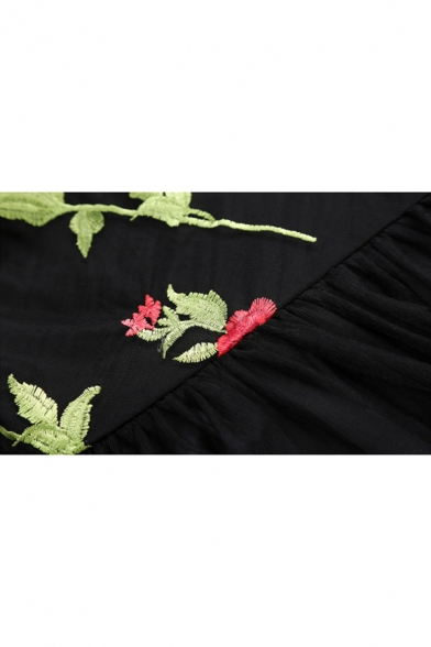 Vintage Off The Shoulder Short Sleeve Floral Embroidered Mesh Insert Midi A-Line Dress