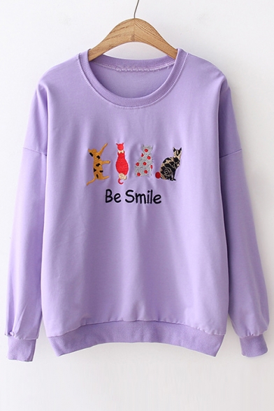 BE SMILE Letter Cat Embroidered Round Neck Long Sleeve Sweatshirt