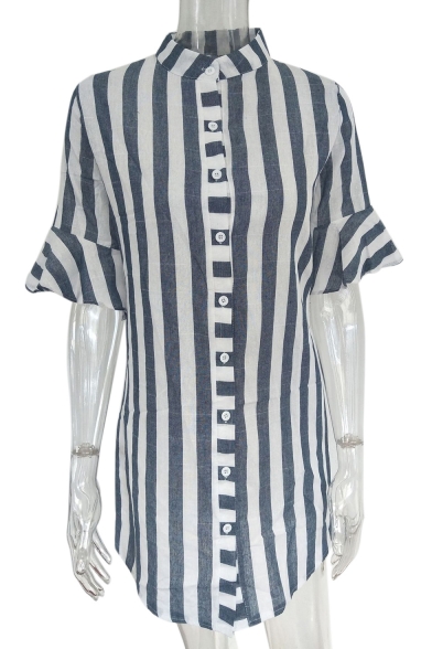 Button Front Stand Up Collar Striped Printed Half Sleeve Mini Shirt Dress